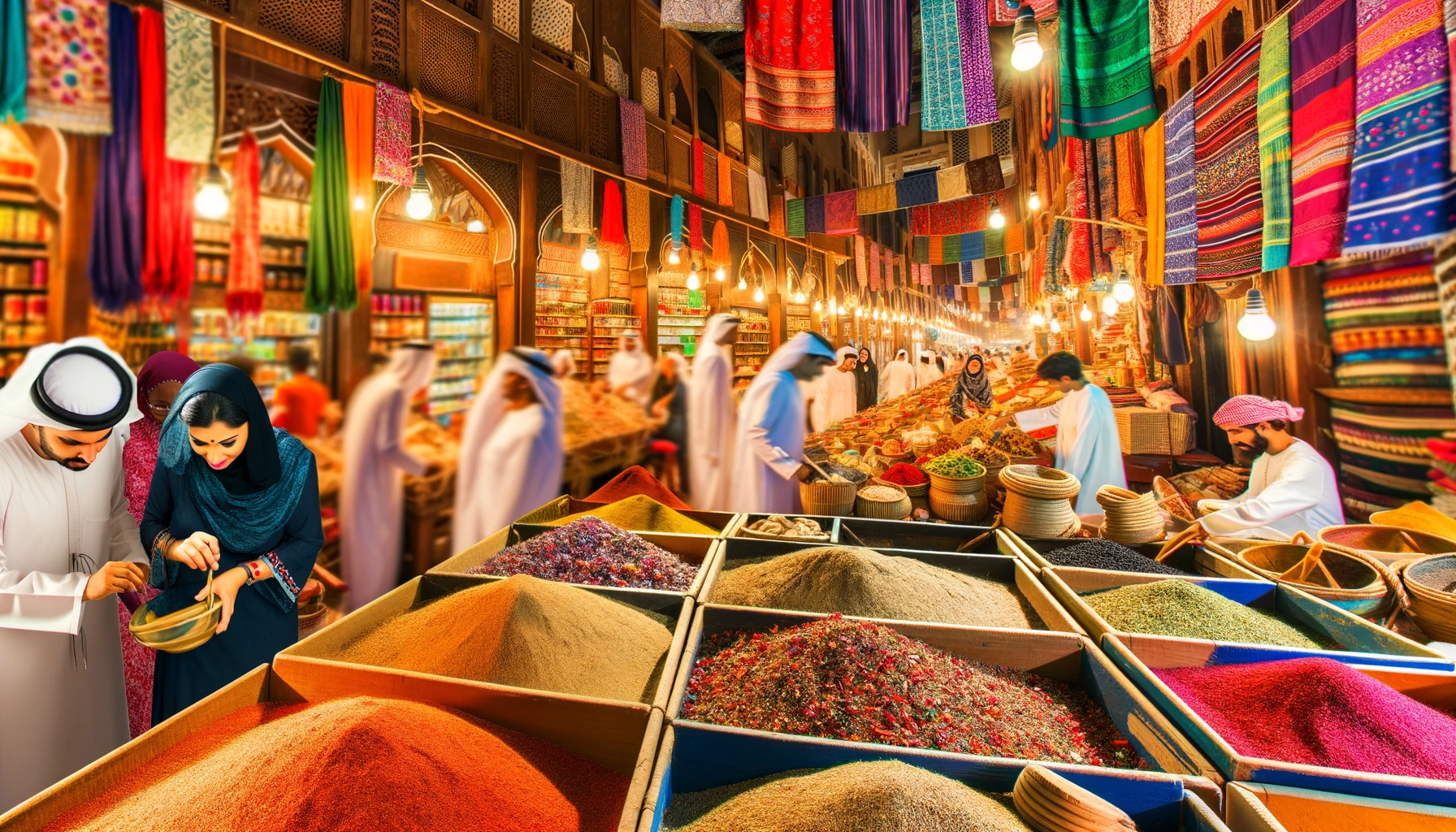 Vibrant stalls in a Dubai souk, showcasing an array of spices and textiles, with shoppers bargaining and exploring