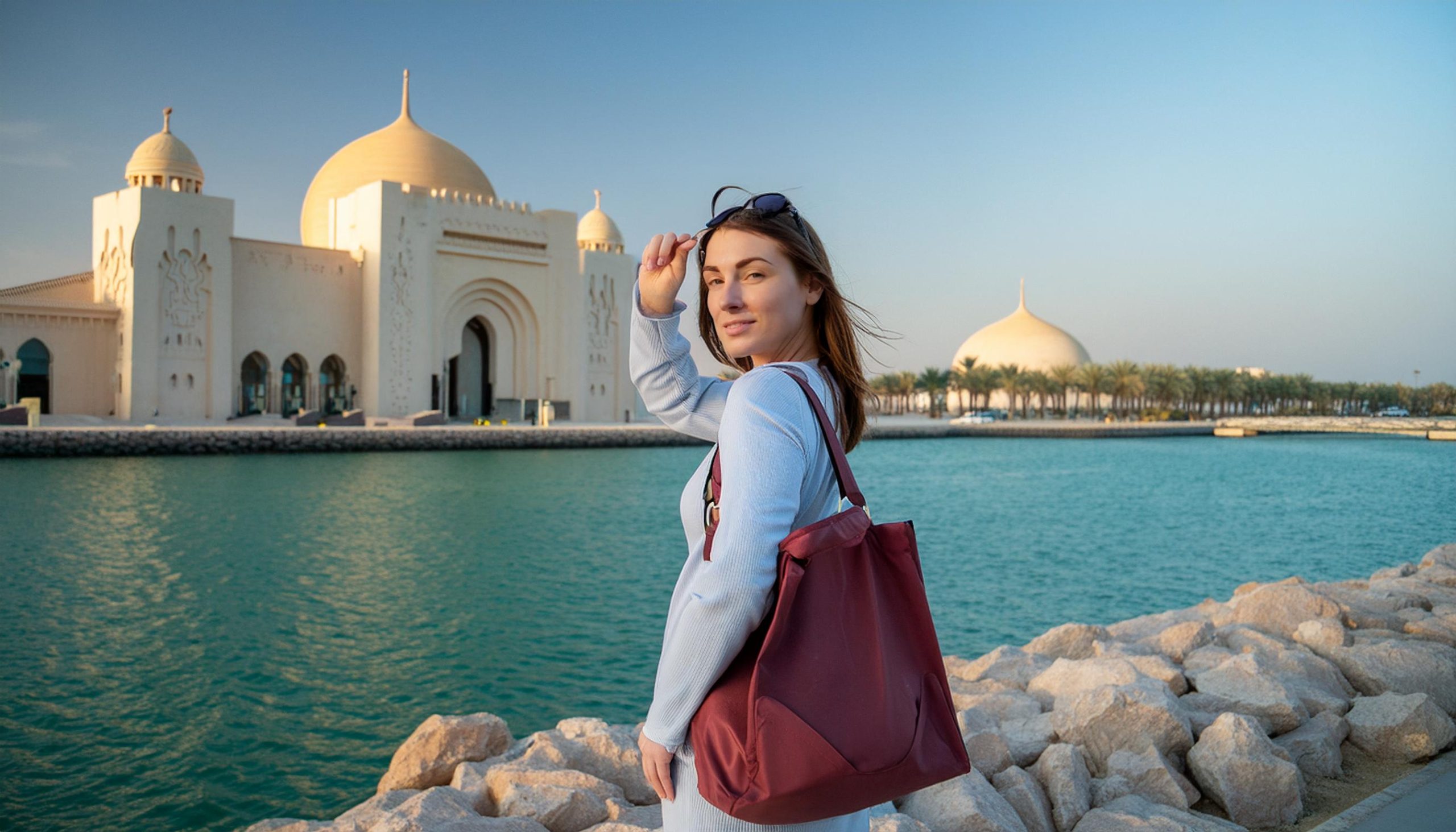 tourist with an American Tourister bag in front of the Museum of Islamic Art, Qatar